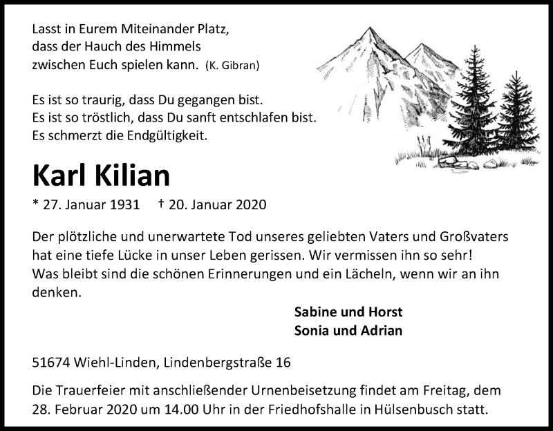  Traueranzeige für Karl Kilian vom 22.02.2020 aus Kölner Stadt-Anzeiger / Kölnische Rundschau / Express