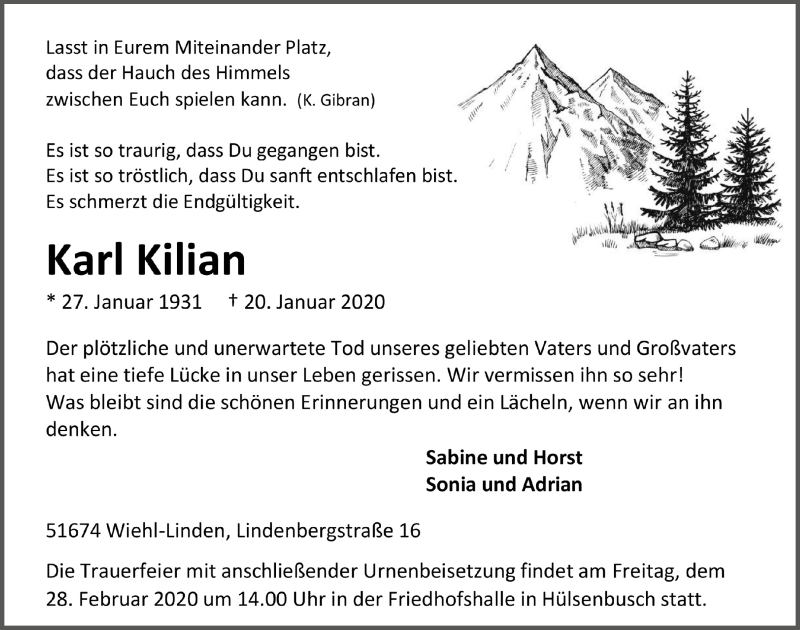  Traueranzeige für Karl Kilian vom 26.02.2020 aus  Anzeigen Echo 