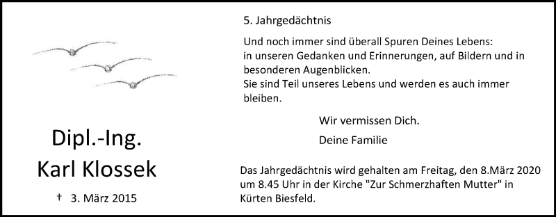  Traueranzeige für Karl Klossek vom 29.02.2020 aus Kölner Stadt-Anzeiger / Kölnische Rundschau / Express