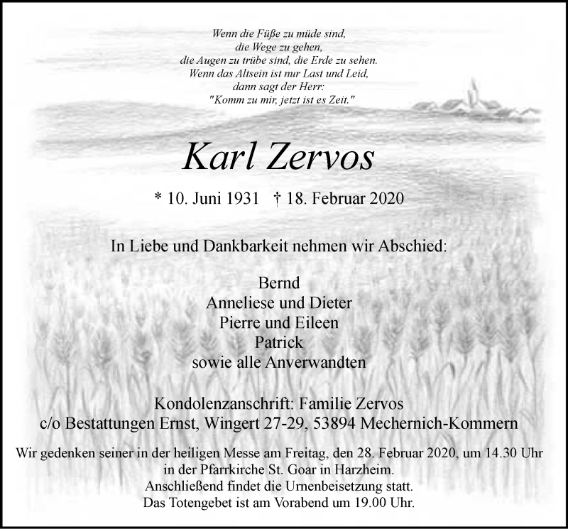  Traueranzeige für Karl Zervos vom 22.02.2020 aus  Blickpunkt Euskirchen 