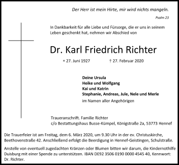 Anzeige von Karl Friedrich Richter von Kölner Stadt-Anzeiger / Kölnische Rundschau / Express