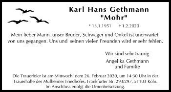 Anzeige von Karl Hans Gethmann von Kölner Stadt-Anzeiger / Kölnische Rundschau / Express