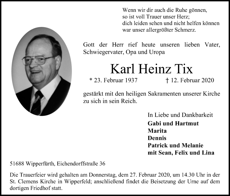  Traueranzeige für Karl Heinz Tix vom 15.02.2020 aus Kölner Stadt-Anzeiger / Kölnische Rundschau / Express