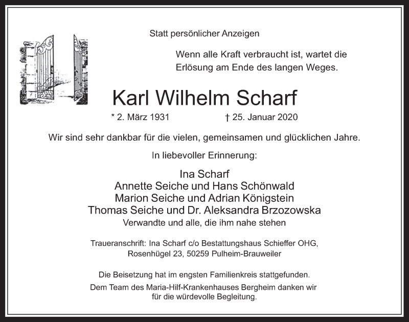  Traueranzeige für Karl Wilhelm Scharf vom 12.02.2020 aus  Werbepost 