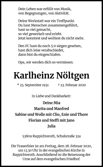 Anzeige von Karlheinz Nöltgen von Kölner Stadt-Anzeiger / Kölnische Rundschau / Express