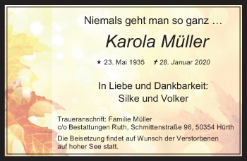 Anzeige von Karola Müller von  Wochenende 