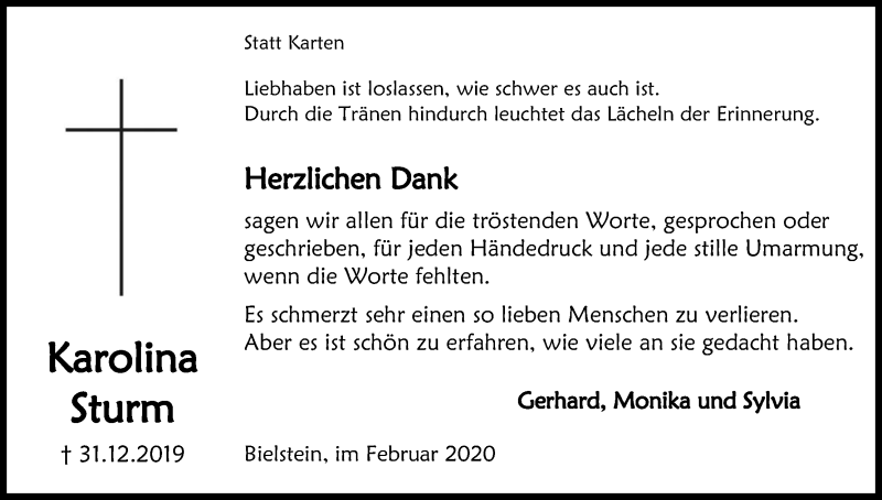  Traueranzeige für Karolina Sturm vom 15.02.2020 aus Kölner Stadt-Anzeiger / Kölnische Rundschau / Express