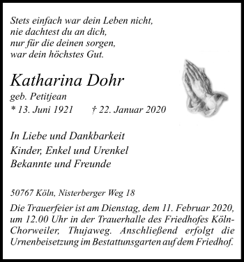 Anzeige von Katharina Dohr von Kölner Stadt-Anzeiger / Kölnische Rundschau / Express