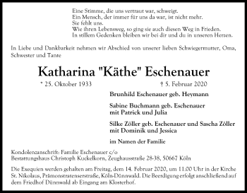 Anzeige von Katharina Eschenauer von Kölner Stadt-Anzeiger / Kölnische Rundschau / Express