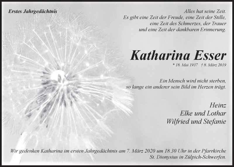  Traueranzeige für Katharina Esser vom 29.02.2020 aus  Blickpunkt Euskirchen 