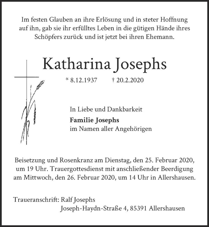  Traueranzeige für Katharina Josephs vom 29.02.2020 aus  Blickpunkt Euskirchen 