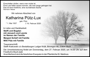 Anzeige von Katharina Pütz-Lux von Kölner Stadt-Anzeiger / Kölnische Rundschau / Express