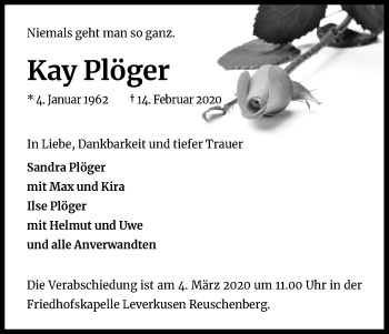 Anzeige von Kay Plöger von Kölner Stadt-Anzeiger / Kölnische Rundschau / Express