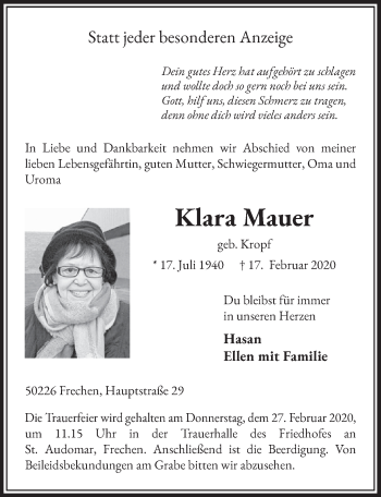 Anzeige von Klara Mauer von  Sonntags-Post 