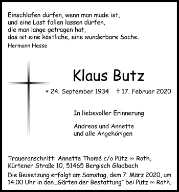 Anzeige von Klaus Butz von Kölner Stadt-Anzeiger / Kölnische Rundschau / Express