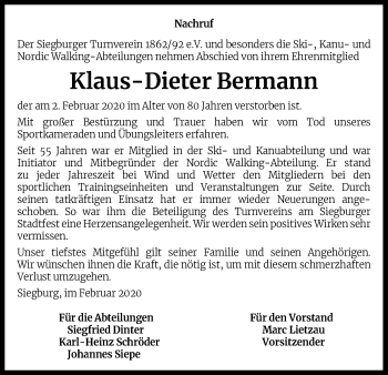 Anzeige von Klaus-Dieter Bermann von Kölner Stadt-Anzeiger / Kölnische Rundschau / Express
