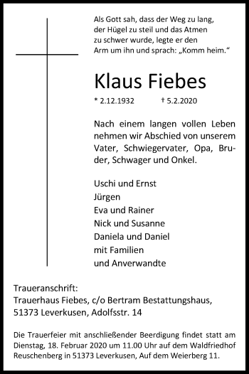 Anzeige von Klaus Fiebes von Kölner Stadt-Anzeiger / Kölnische Rundschau / Express
