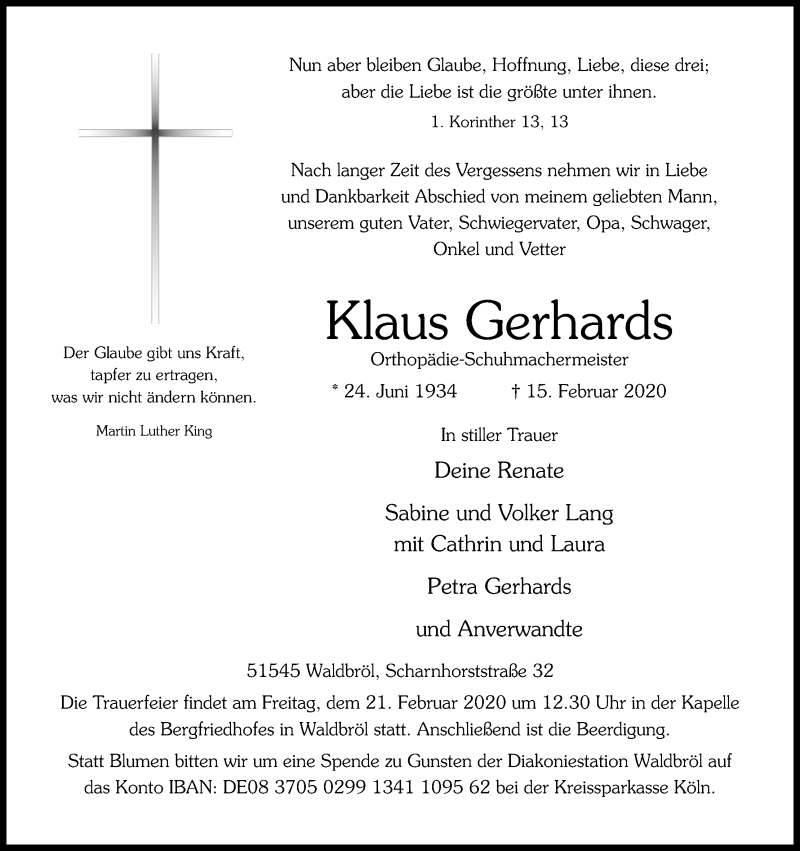  Traueranzeige für Klaus Gerhards vom 18.02.2020 aus Kölner Stadt-Anzeiger / Kölnische Rundschau / Express