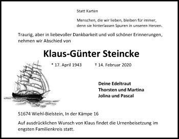 Anzeige von Klaus-Günter Steincke von Kölner Stadt-Anzeiger / Kölnische Rundschau / Express