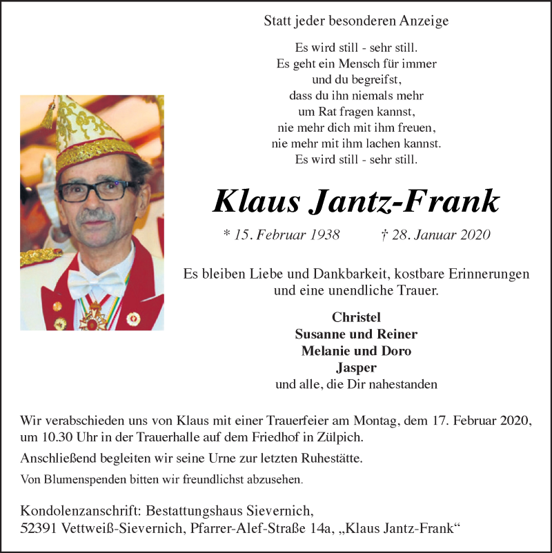  Traueranzeige für Klaus Jantz-Frank vom 08.02.2020 aus  Blickpunkt Euskirchen 