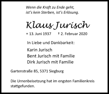 Anzeige von Klaus Jurisch von Kölner Stadt-Anzeiger / Kölnische Rundschau / Express