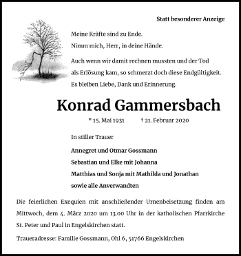 Anzeige von Konrad Gammersbach von Kölner Stadt-Anzeiger / Kölnische Rundschau / Express
