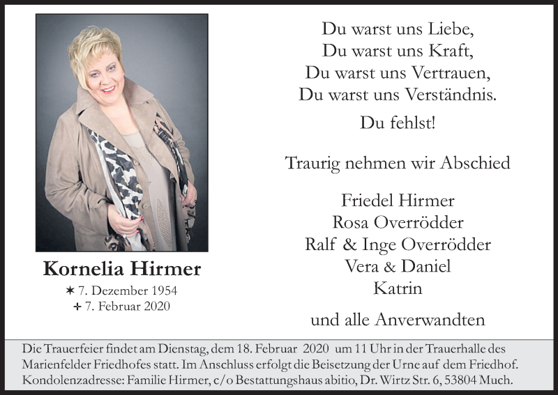  Traueranzeige für Kornelia Hirmer vom 15.02.2020 aus Kölner Stadt-Anzeiger / Kölnische Rundschau / Express