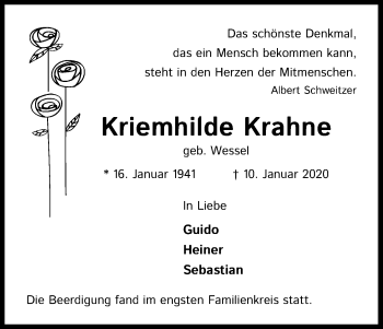 Anzeige von Kriemhilde Krahne von Kölner Stadt-Anzeiger / Kölnische Rundschau / Express