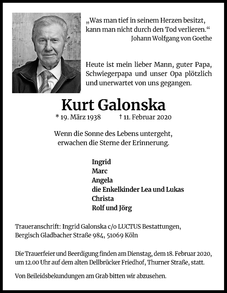  Traueranzeige für Kurt Galonska vom 15.02.2020 aus Kölner Stadt-Anzeiger / Kölnische Rundschau / Express