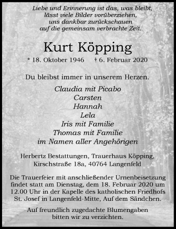 Anzeige von Kurt Köpping von  Leverkusener Wochenende 