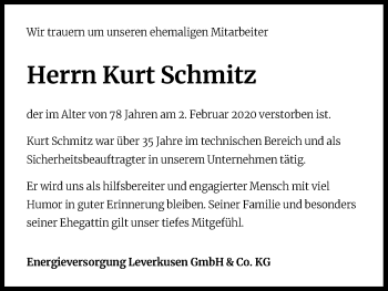 Anzeige von Kurt Schmitz von Kölner Stadt-Anzeiger / Kölnische Rundschau / Express