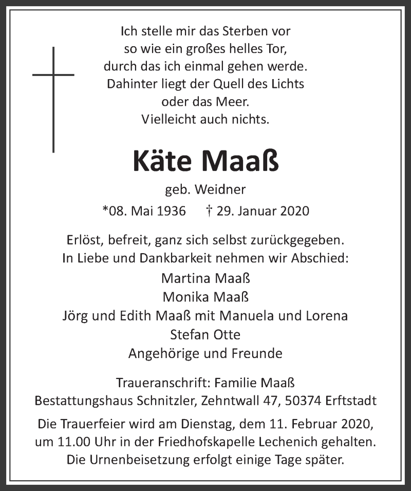  Traueranzeige für Käte Maaß vom 05.02.2020 aus  Werbepost 