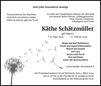 Anzeige von Käthe Schätzmüller von Kölner Stadt-Anzeiger / Kölnische Rundschau / Express
