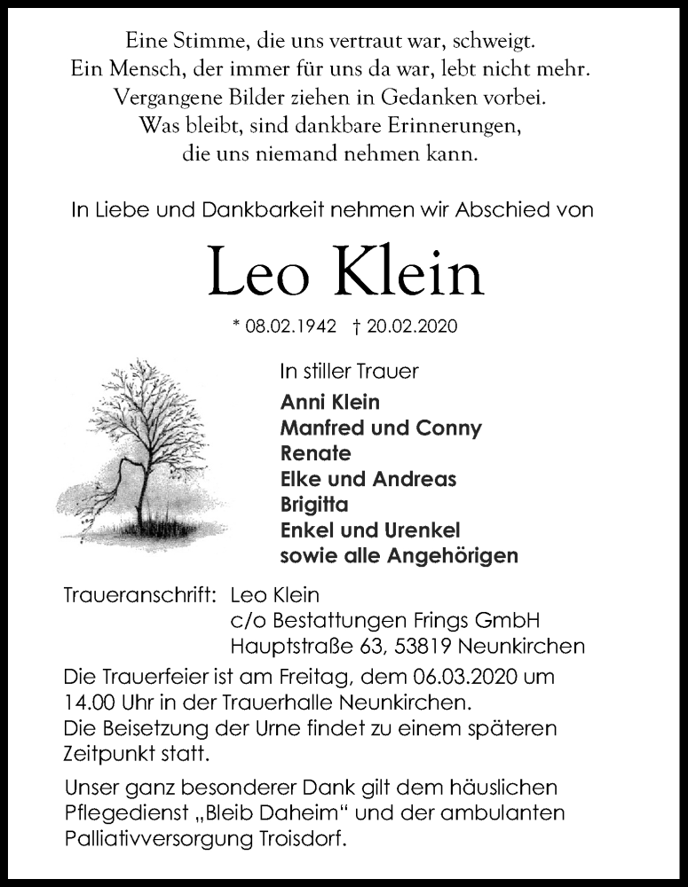  Traueranzeige für Leo Klein vom 29.02.2020 aus Kölner Stadt-Anzeiger / Kölnische Rundschau / Express