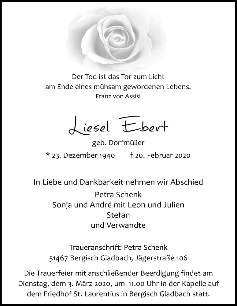  Traueranzeige für Liesel Ebert vom 29.02.2020 aus Kölner Stadt-Anzeiger / Kölnische Rundschau / Express