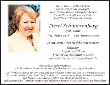 Anzeige von Liesel Schnorrenberg von Kölner Stadt-Anzeiger / Kölnische Rundschau / Express