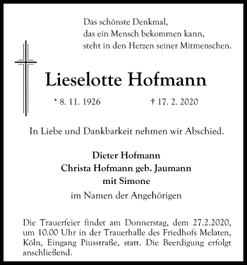 Anzeige von Lieselotte Hofmann von Kölner Stadt-Anzeiger / Kölnische Rundschau / Express