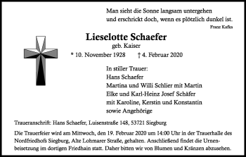 Anzeige von Lieselotte Schaefer von Kölner Stadt-Anzeiger / Kölnische Rundschau / Express