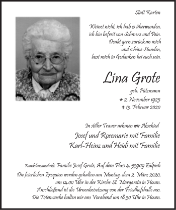 Anzeige von Lina Grote von  Blickpunkt Euskirchen 