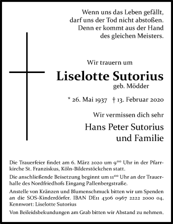 Anzeige von Liselotte Sutorius von Kölner Stadt-Anzeiger / Kölnische Rundschau / Express