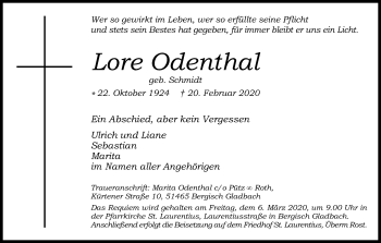 Anzeige von Lore Odenthal von Kölner Stadt-Anzeiger / Kölnische Rundschau / Express