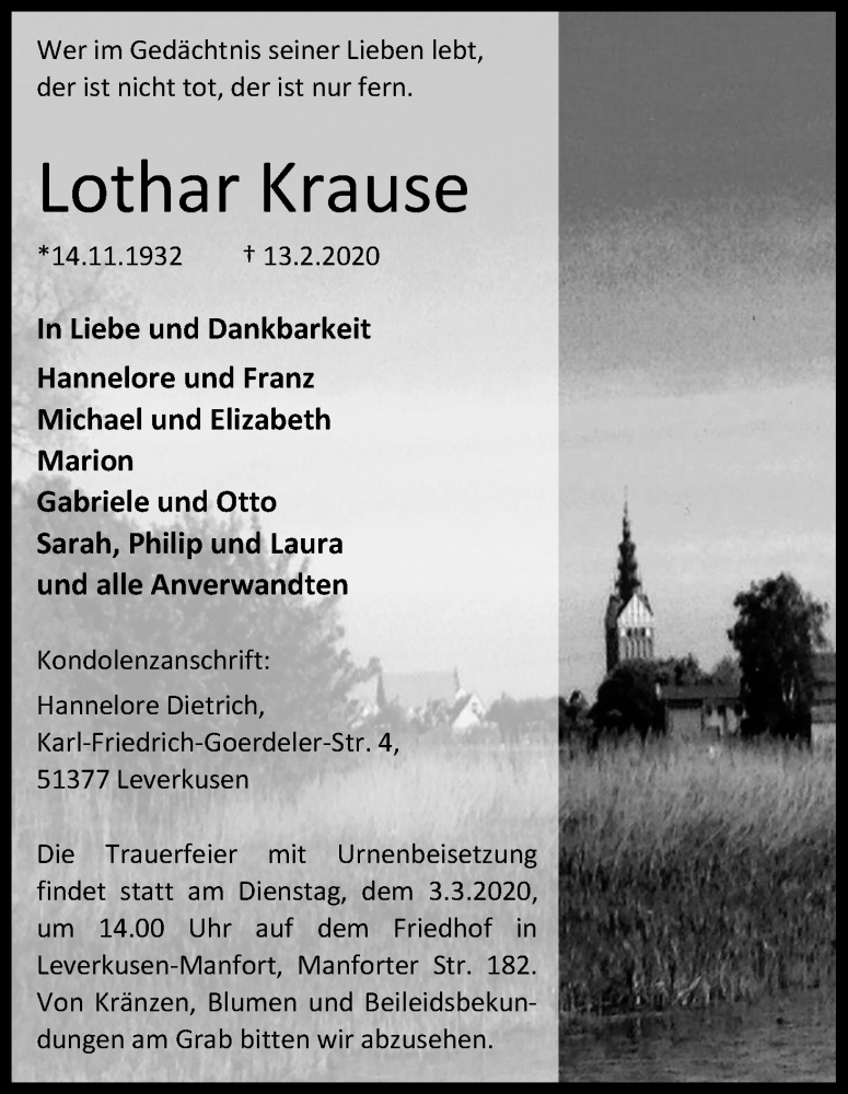  Traueranzeige für Lothar Krause vom 22.02.2020 aus Kölner Stadt-Anzeiger / Kölnische Rundschau / Express