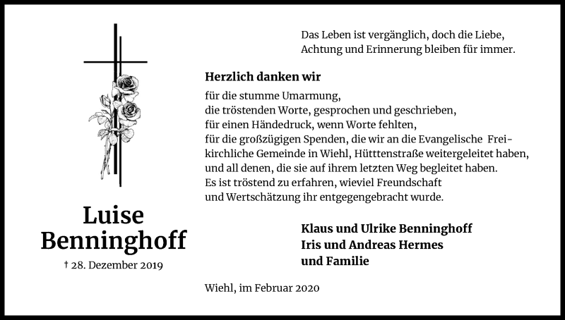  Traueranzeige für Luise Benninghoff vom 29.02.2020 aus Kölner Stadt-Anzeiger / Kölnische Rundschau / Express