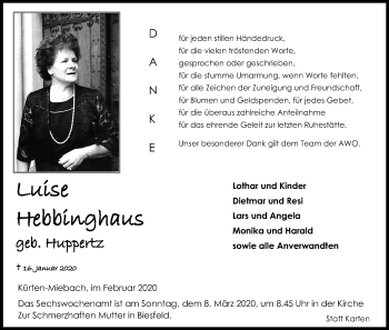 Anzeige von Luise Hebbighaus von Kölner Stadt-Anzeiger / Kölnische Rundschau / Express