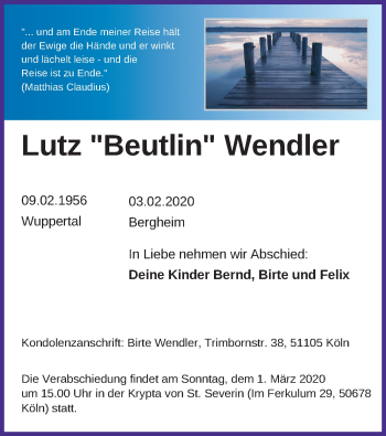 Anzeige von Lutz Wendler von Kölner Stadt-Anzeiger / Kölnische Rundschau / Express