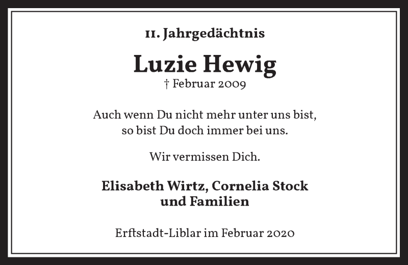  Traueranzeige für Luzie Hewig vom 19.02.2020 aus  Werbepost 