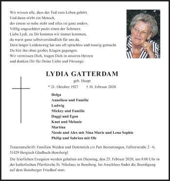 Anzeige von Lydia Gatterdam von Kölner Stadt-Anzeiger / Kölnische Rundschau / Express