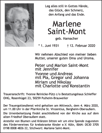 Anzeige von MArlene Saint-Mont von  Sonntags-Post 