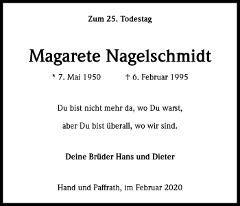 Anzeige von Magarete Nagelschmidt von Kölner Stadt-Anzeiger / Kölnische Rundschau / Express