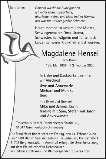 Anzeige von Magdalene Hensel von Kölner Stadt-Anzeiger / Kölnische Rundschau / Express